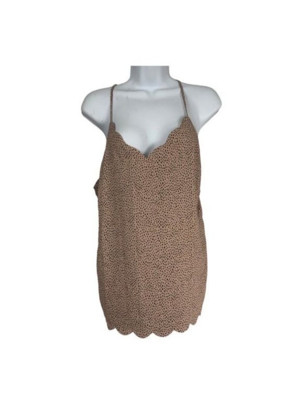 Halogen Womens Sleeveless Scalloped Camisole Top M Beige Black Dot Polyester